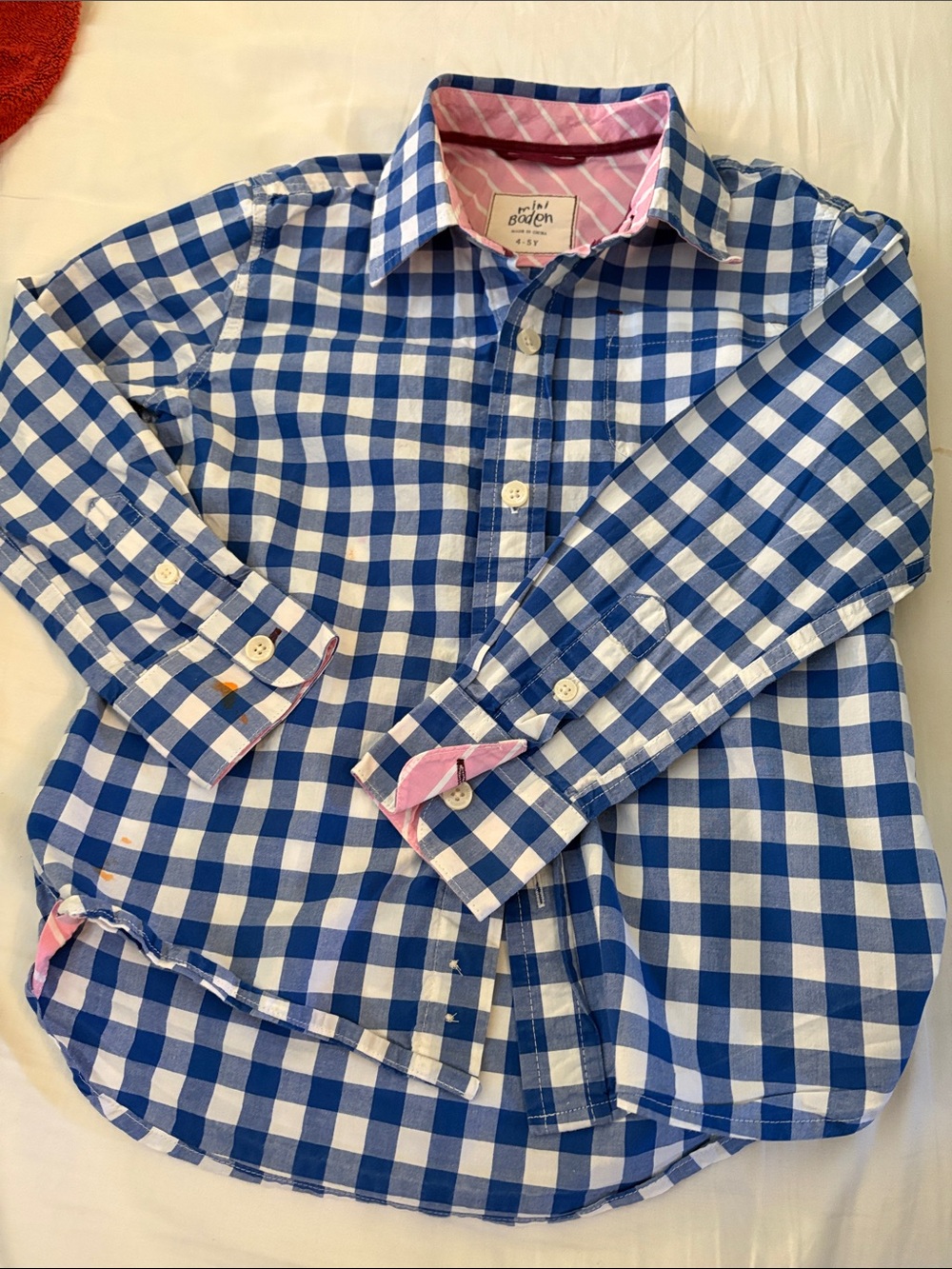 Boden Kids Pink Stripe Shirt with Blue Gingham Trim